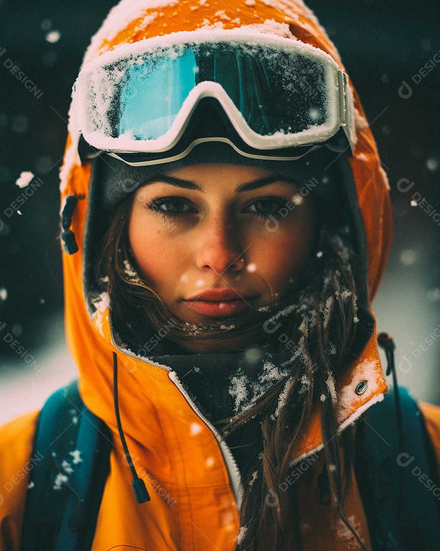 Esquiadora de mulher em uma encosta nevada nas montanhas