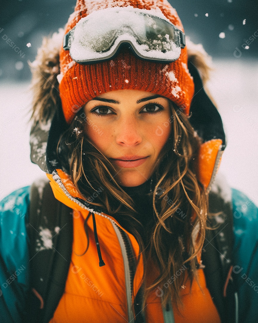 Esquiadora de mulher em uma encosta nevada nas montanhas