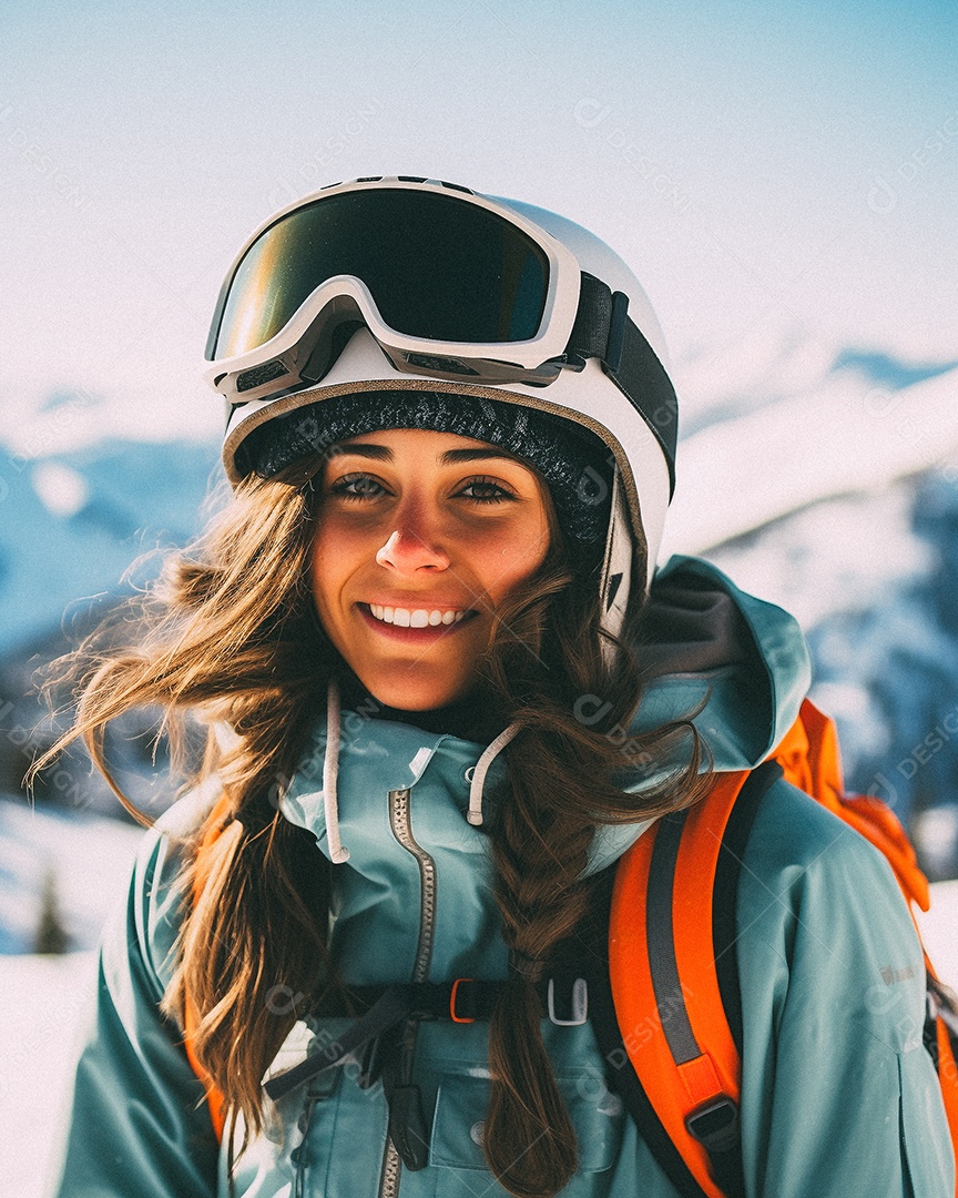 Esquiadora de mulher em uma encosta nevada nas montanhas