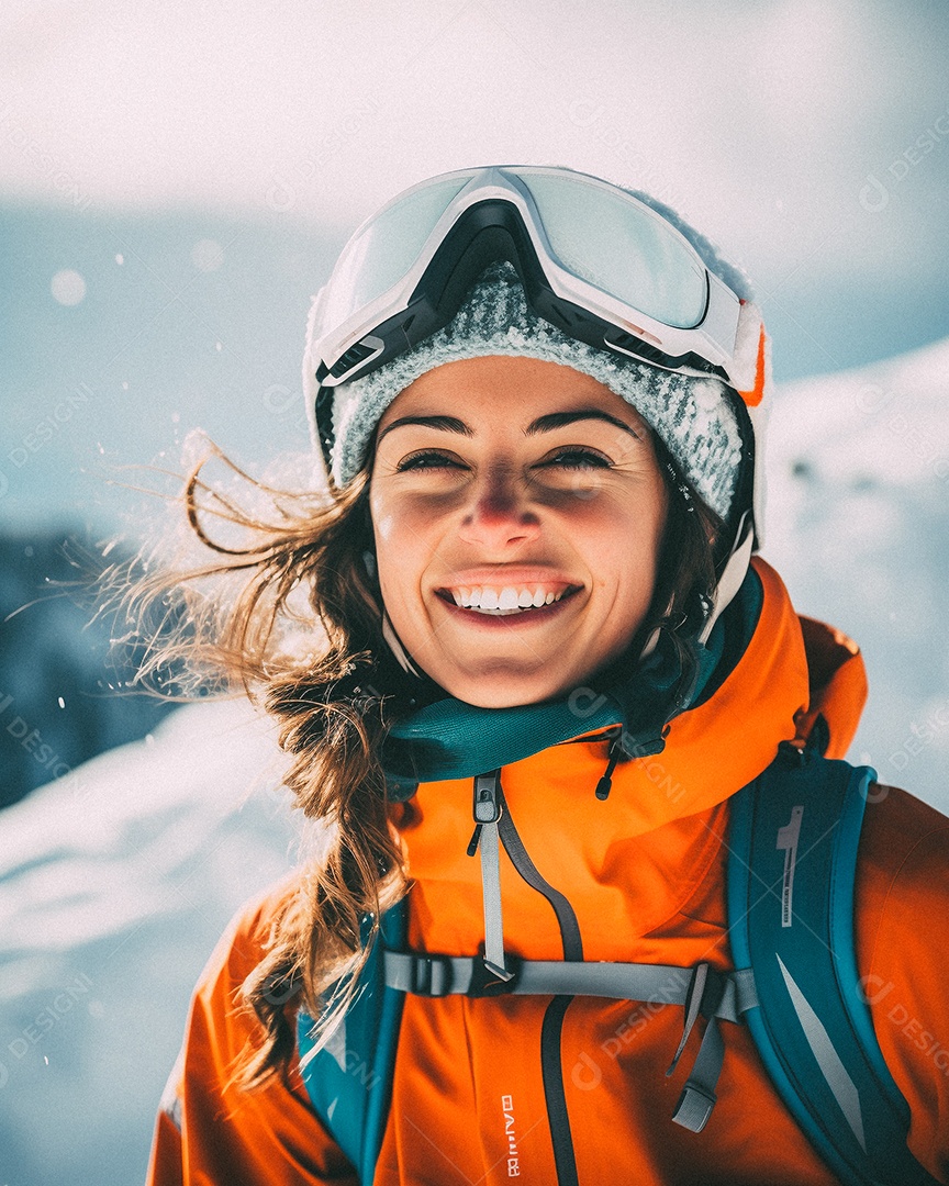 Esquiadora de mulher em uma encosta nevada nas montanhas