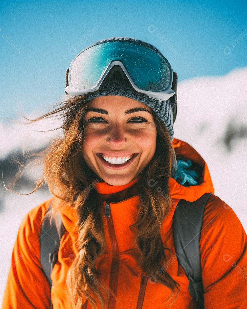 Esquiadora de mulher em uma encosta nevada nas montanhas