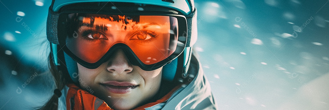 Esquiadora de mulher em uma encosta nevada nas montanhas