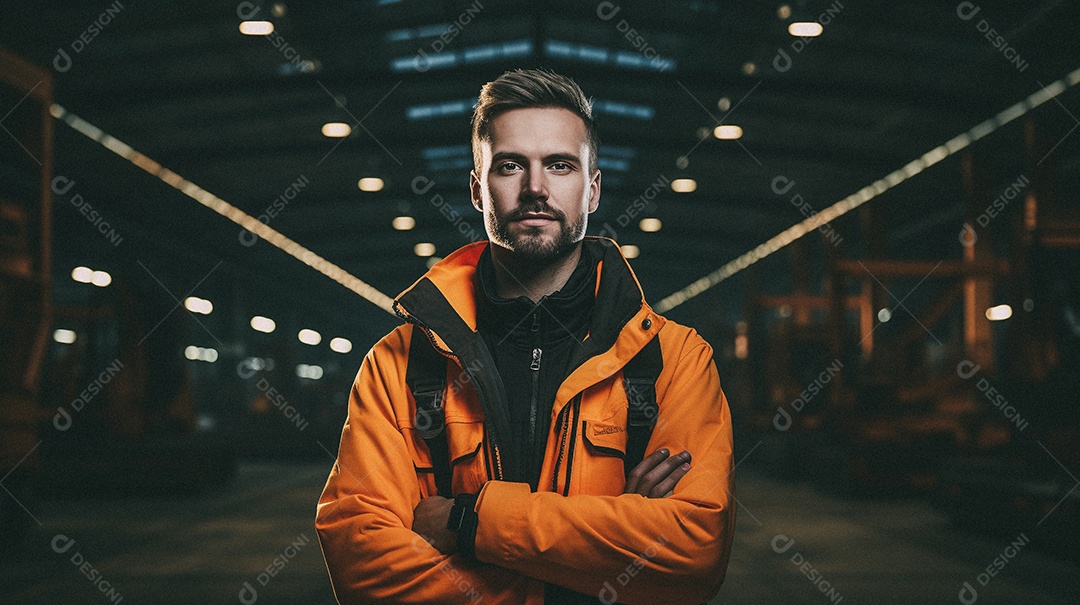 Homem em frente a uma grande fábrica