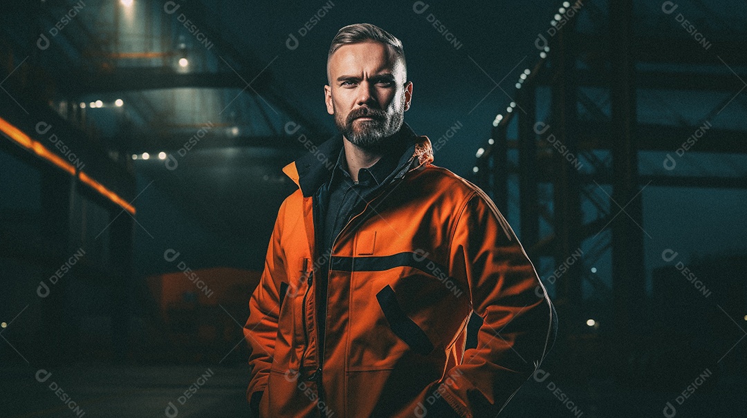 Homem em frente a uma grande fábrica