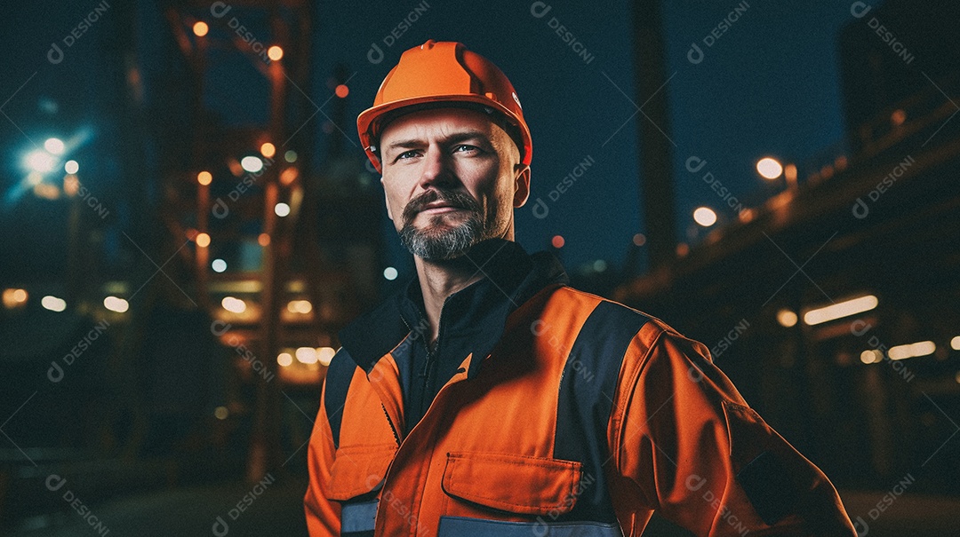 Homem em frente a uma grande fábrica