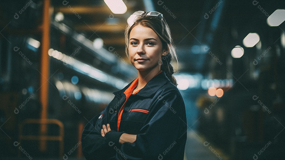 Mulher em frente a uma grande fábrica