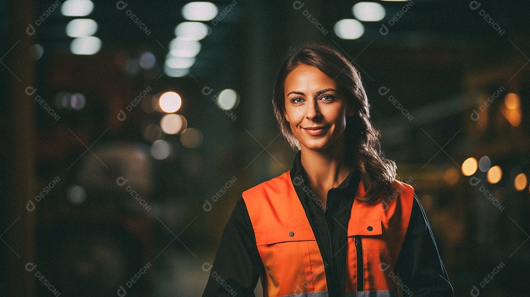 Mulher em frente a uma grande fábrica