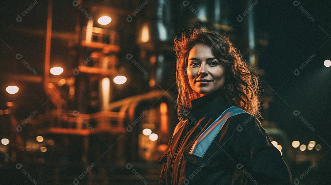 Mulher em frente a uma grande fábrica