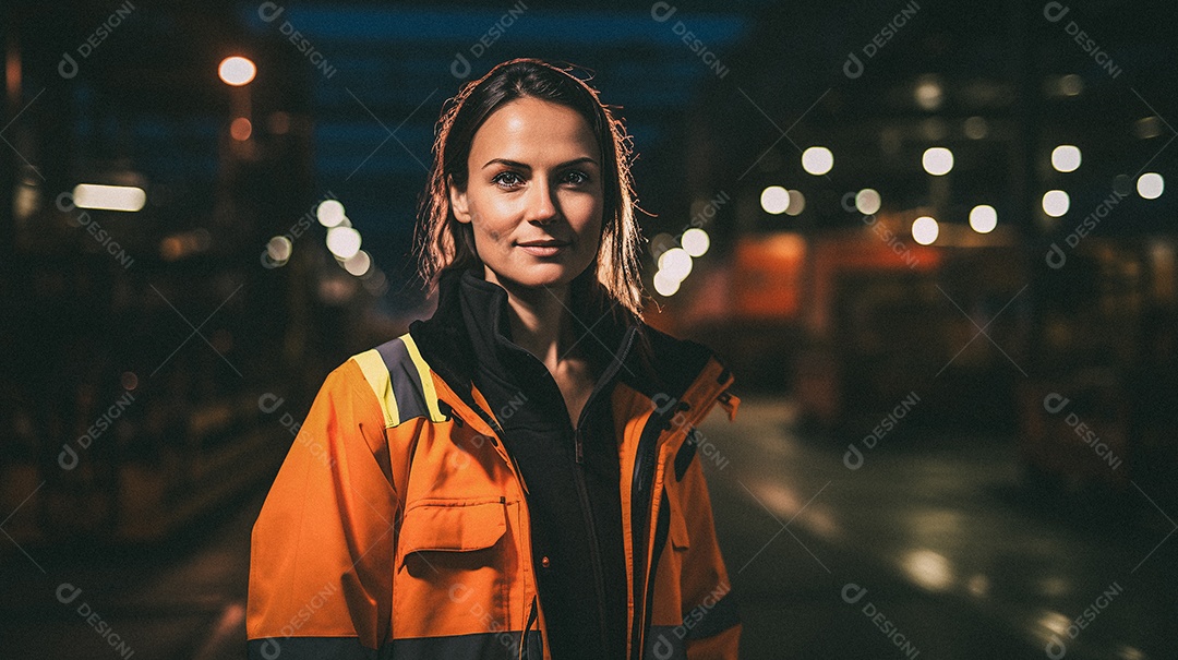 Mulher em frente a uma grande fábrica