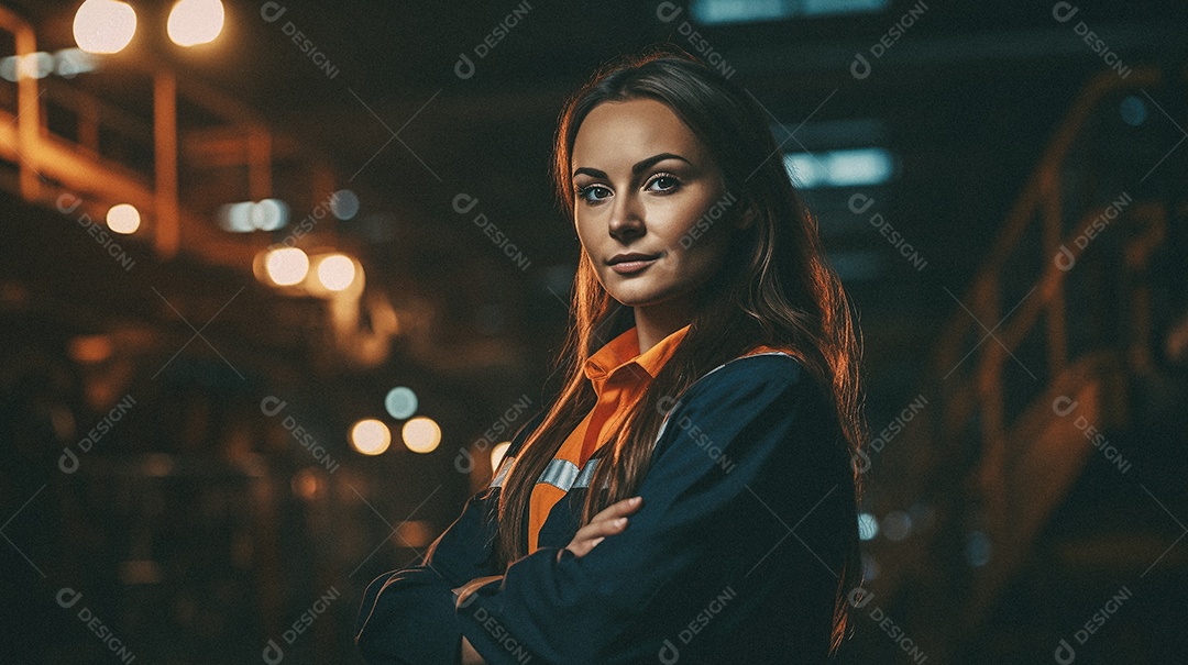 Mulher em frente a uma grande fábrica