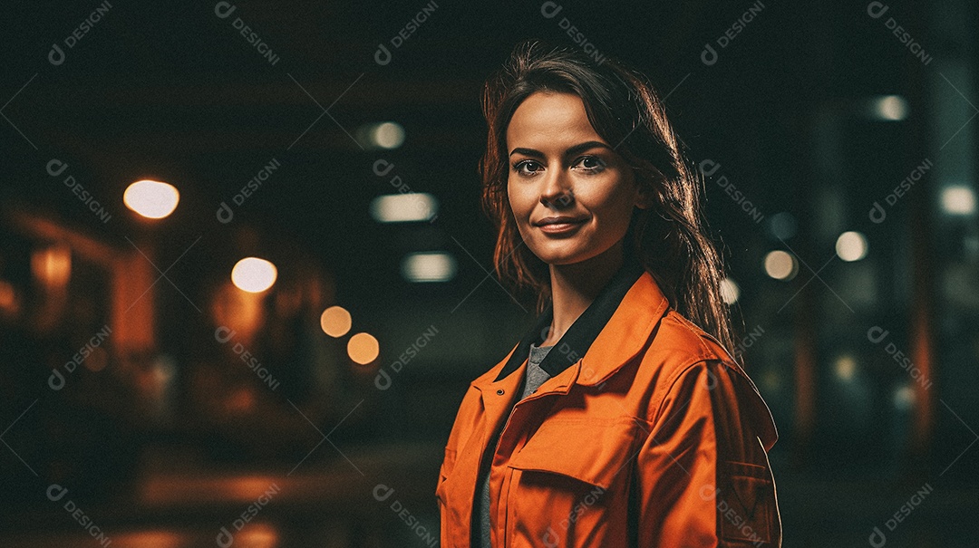 Mulher em frente a uma grande fábrica