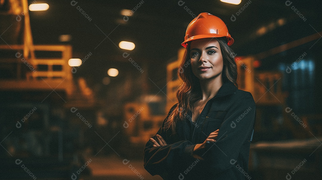 Mulher em frente a uma grande fábrica