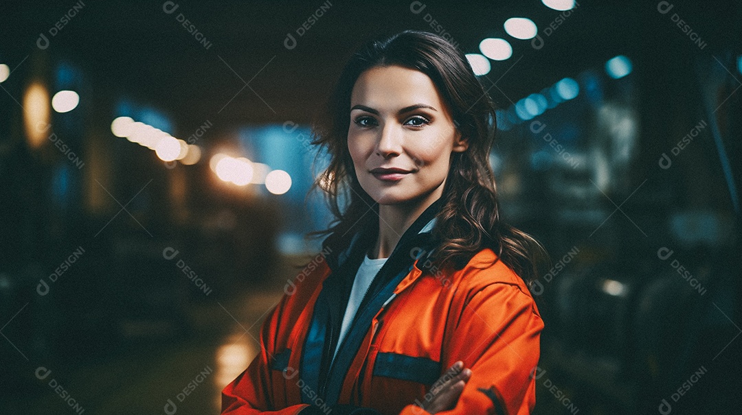 Mulher em frente a uma grande fábrica