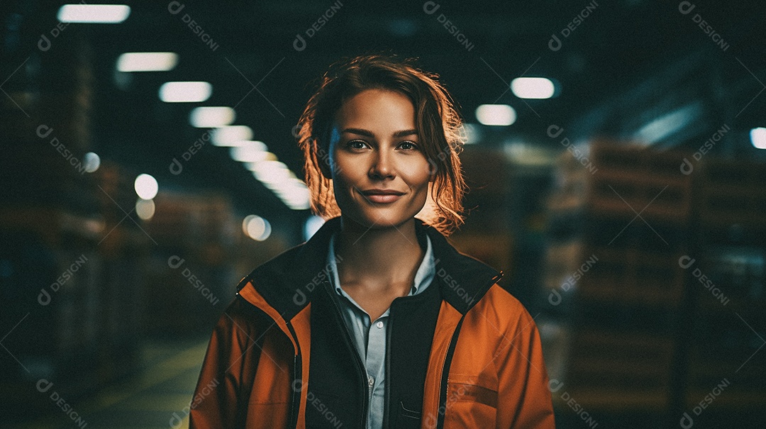 Mulher em frente a uma grande fábrica