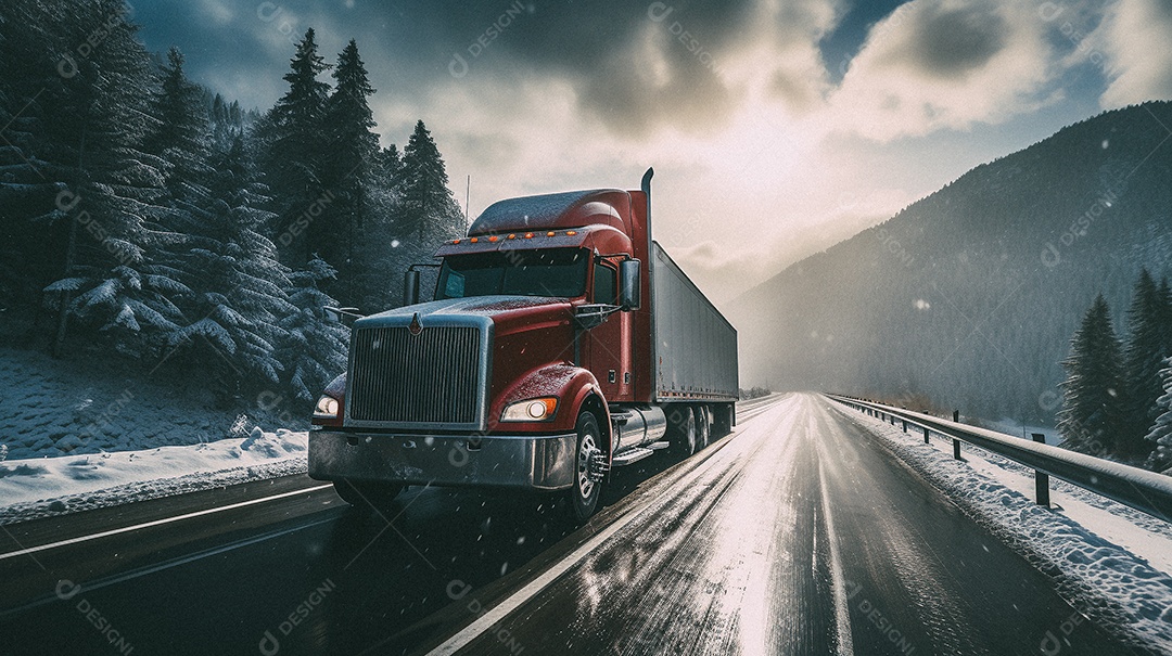 Caminhão dirigindo por uma rodovia em dia de neve