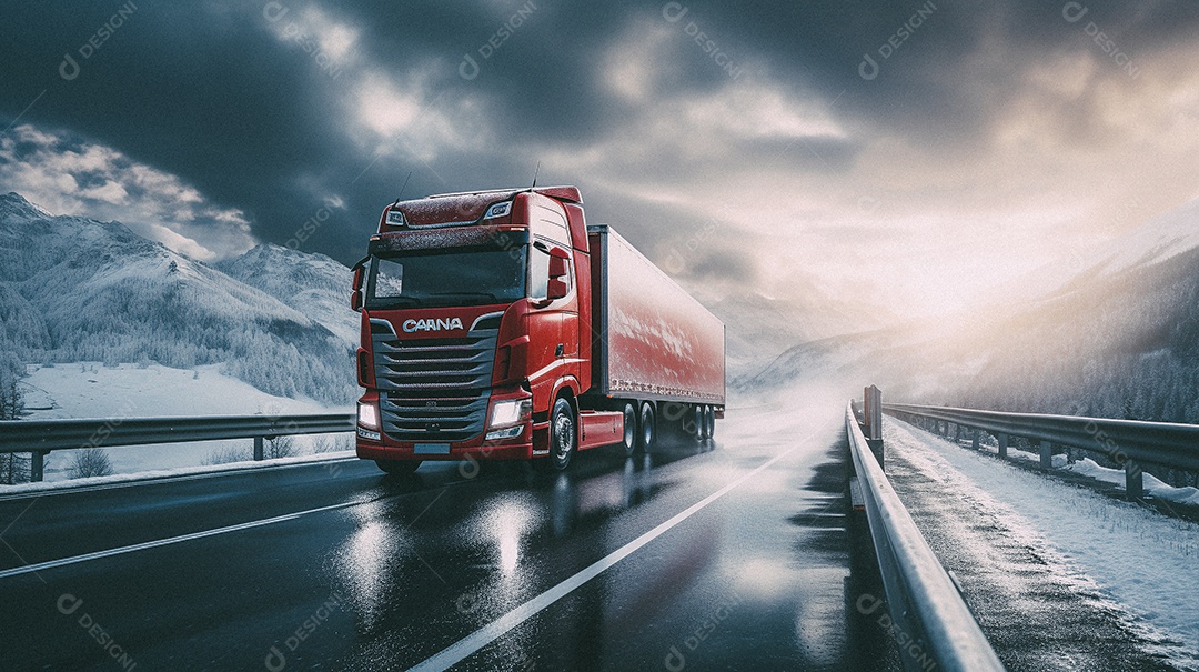 Caminhão dirigindo por uma rodovia em dia de neve