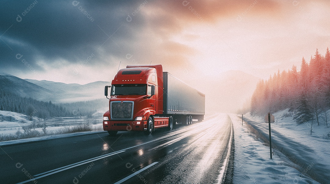 Caminhão dirigindo por uma rodovia em dia de neve