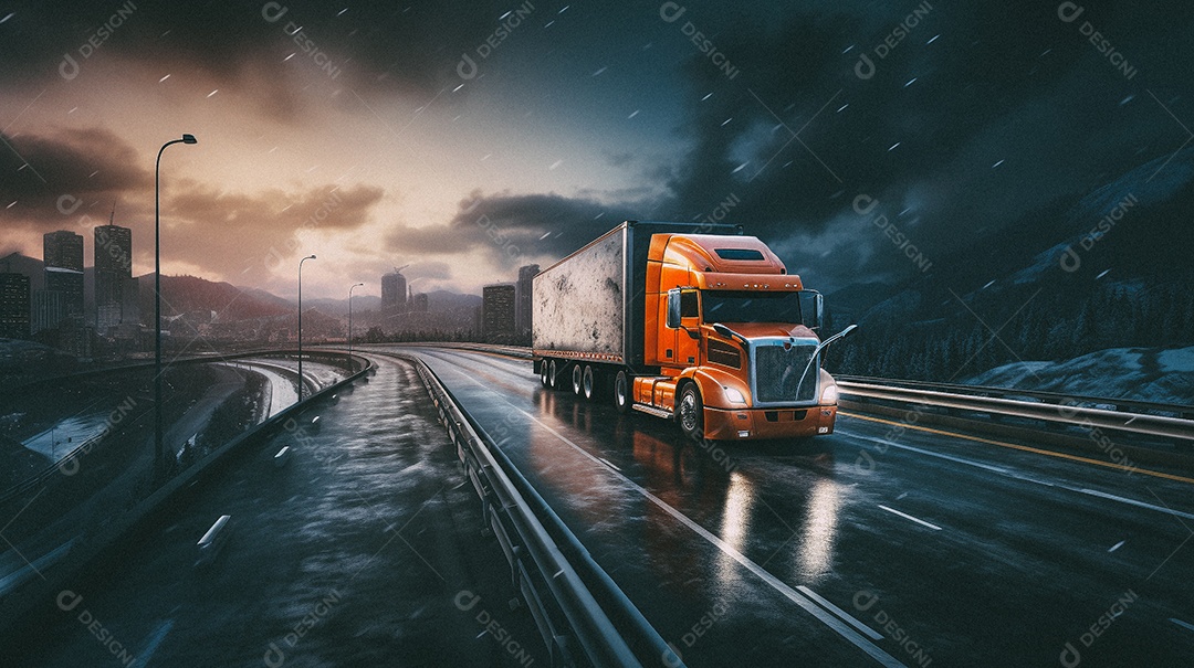 Caminhão dirigindo por uma rodovia em dia de neve