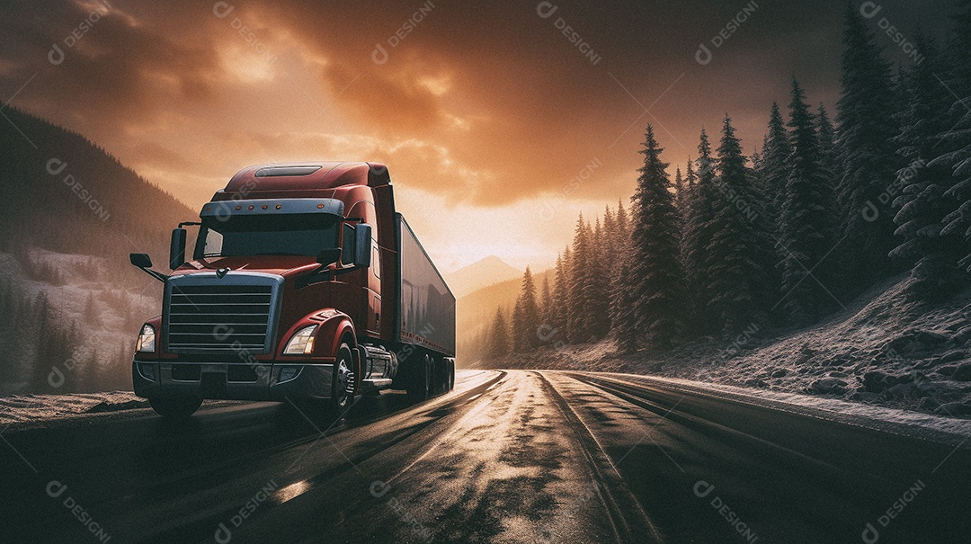 Caminhão dirigindo por uma rodovia em dia de neve