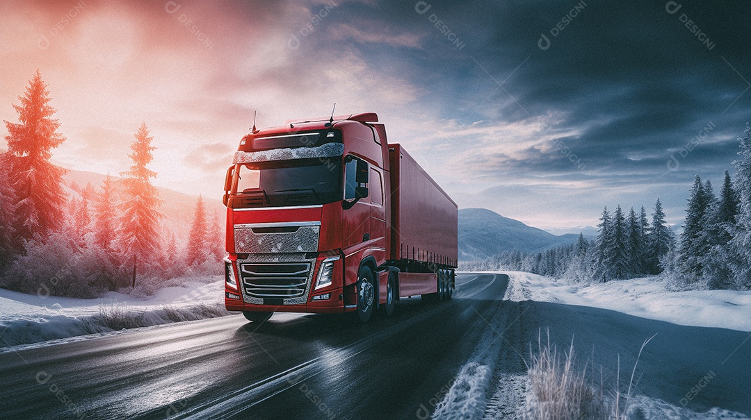 Caminhão dirigindo por uma rodovia em dia de neve