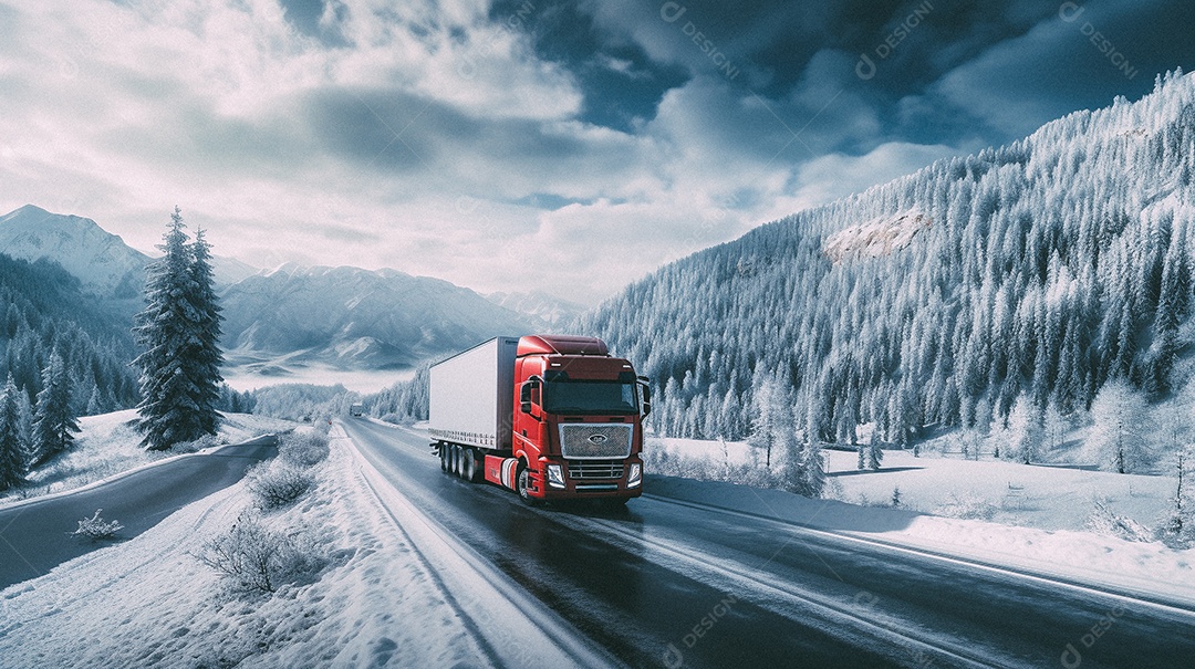 Caminhão dirigindo por uma rodovia em dia de neve