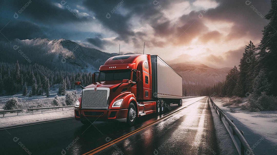 Caminhão dirigindo por uma rodovia em dia de neve