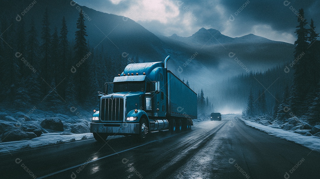 Caminhão dirigindo por uma rodovia em dia de neve