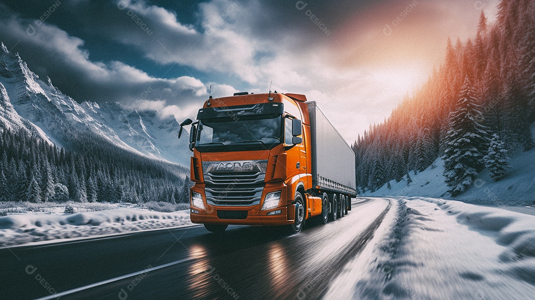 Caminhão dirigindo por uma rodovia em dia de neve