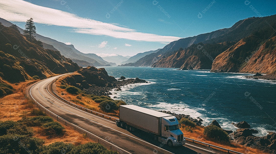 Caminhão dirigindo por uma rodovia em dia de neve