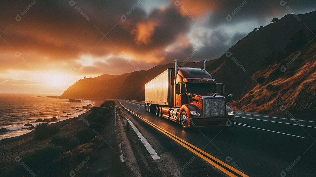 Caminhão dirigindo por uma rodovia em dia de neve