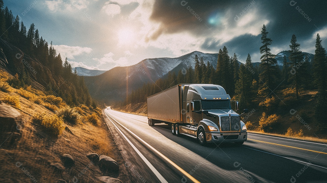 Caminhão dirigindo por uma rodovia em dia de neve