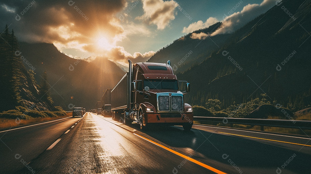 Caminhão dirigindo por uma rodovia em dia de neve