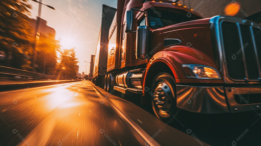 Caminhão dirigindo por uma rodovia Caminhão dirigindo por uma rodovia