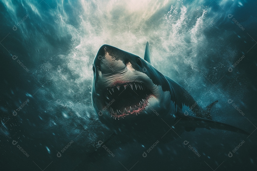 Tubarão branco no fundo do mar