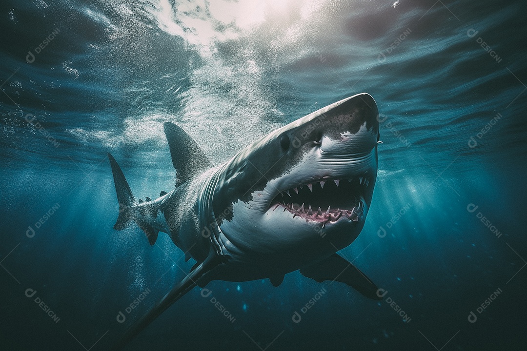 Tubarão branco no fundo do mar