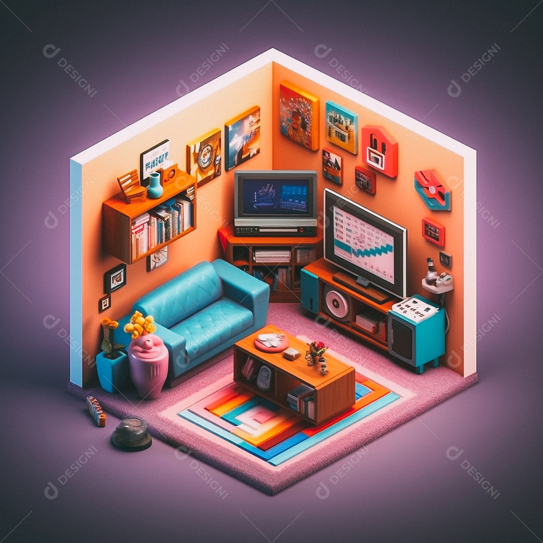 Sala de TV isométrica fofa 3D