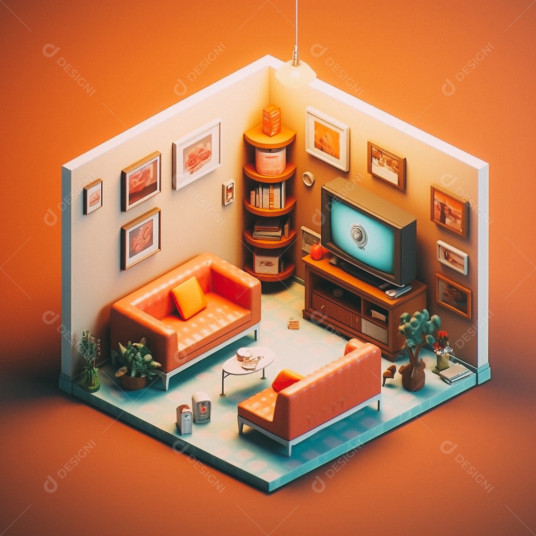 Sala de TV isométrica fofa 3D