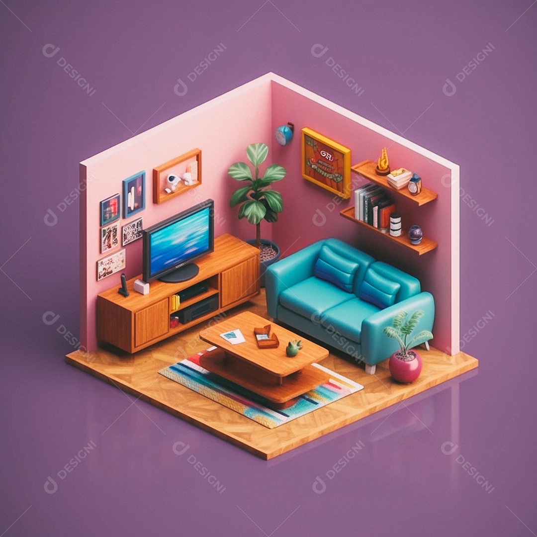Sala de TV isométrica fofa 3D