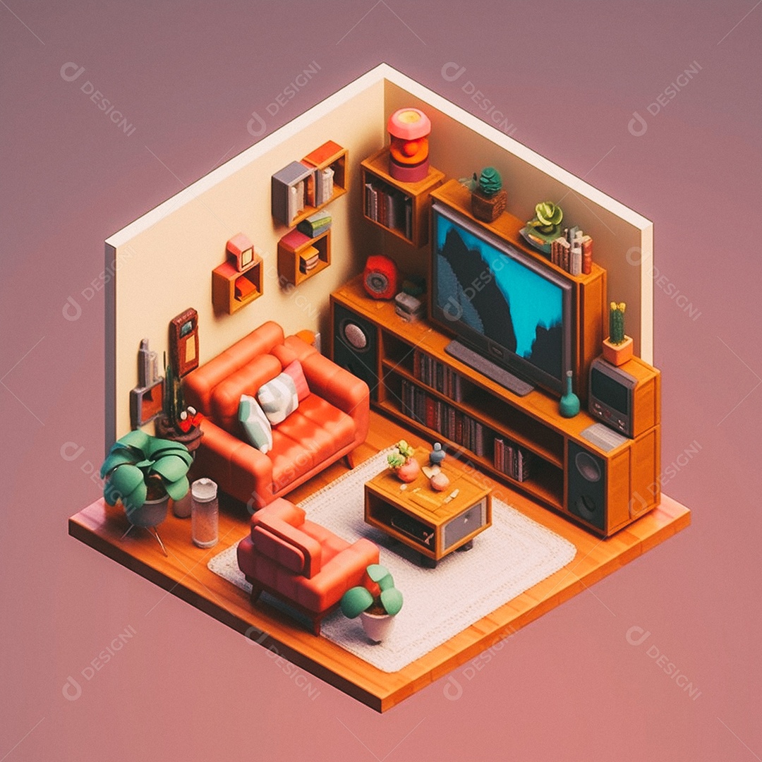 Sala de TV isométrica fofa 3D