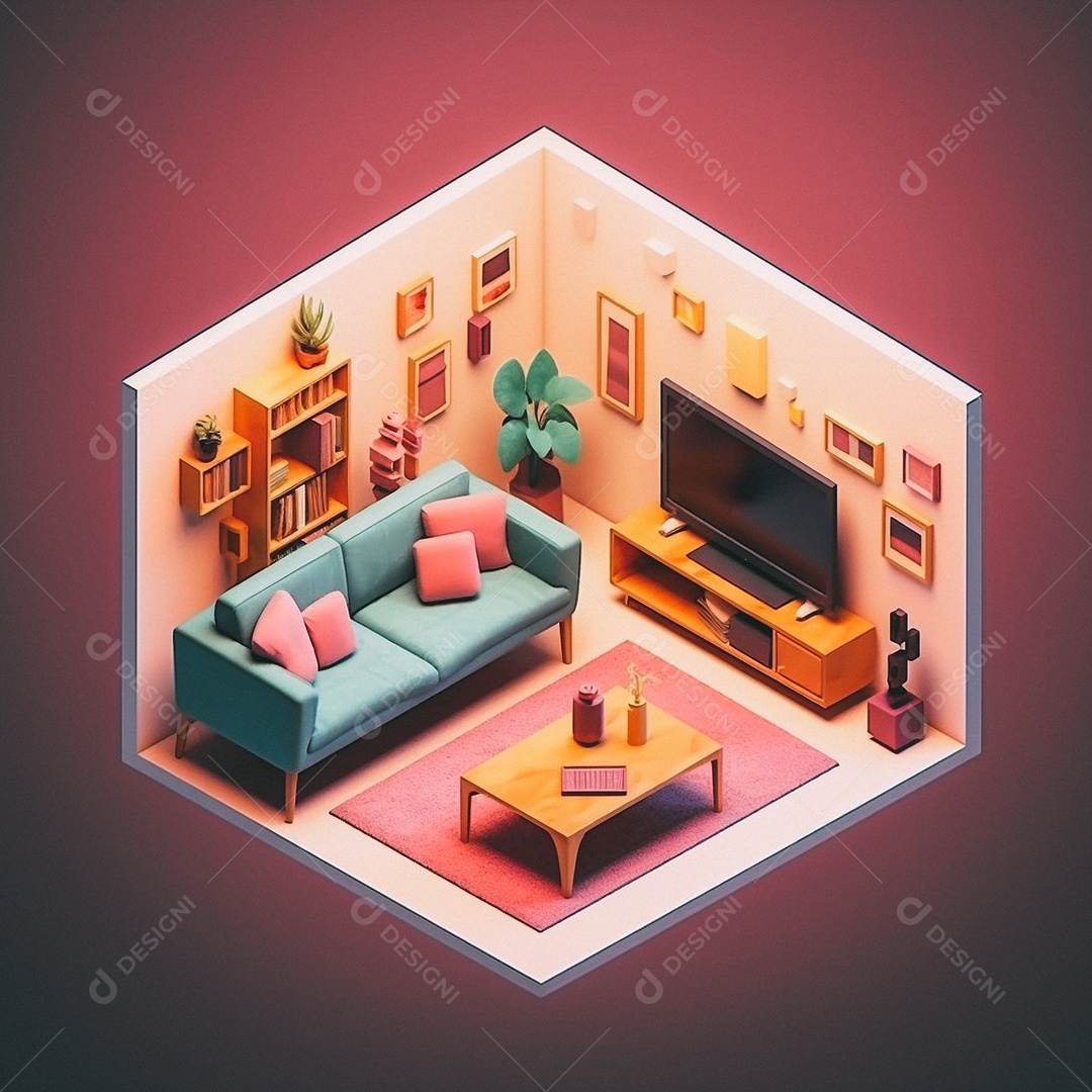 Sala de TV isométrica fofa 3D