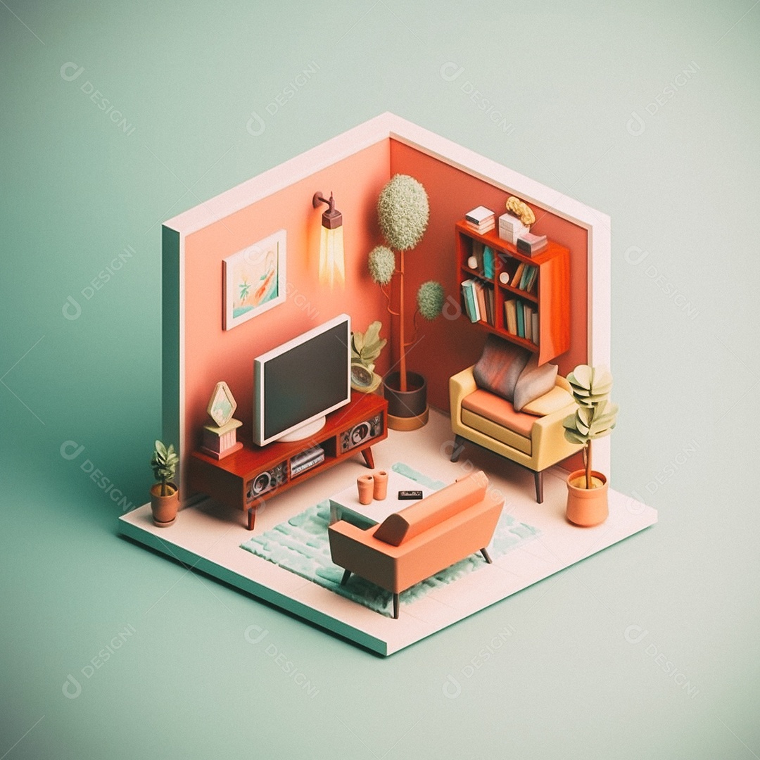 Sala de TV isométrica fofa 3D