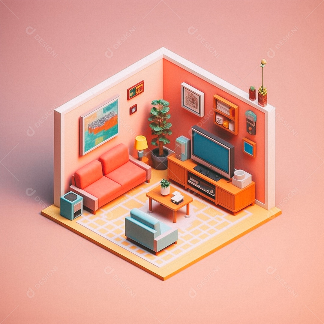 Sala de TV isométrica fofa 3D