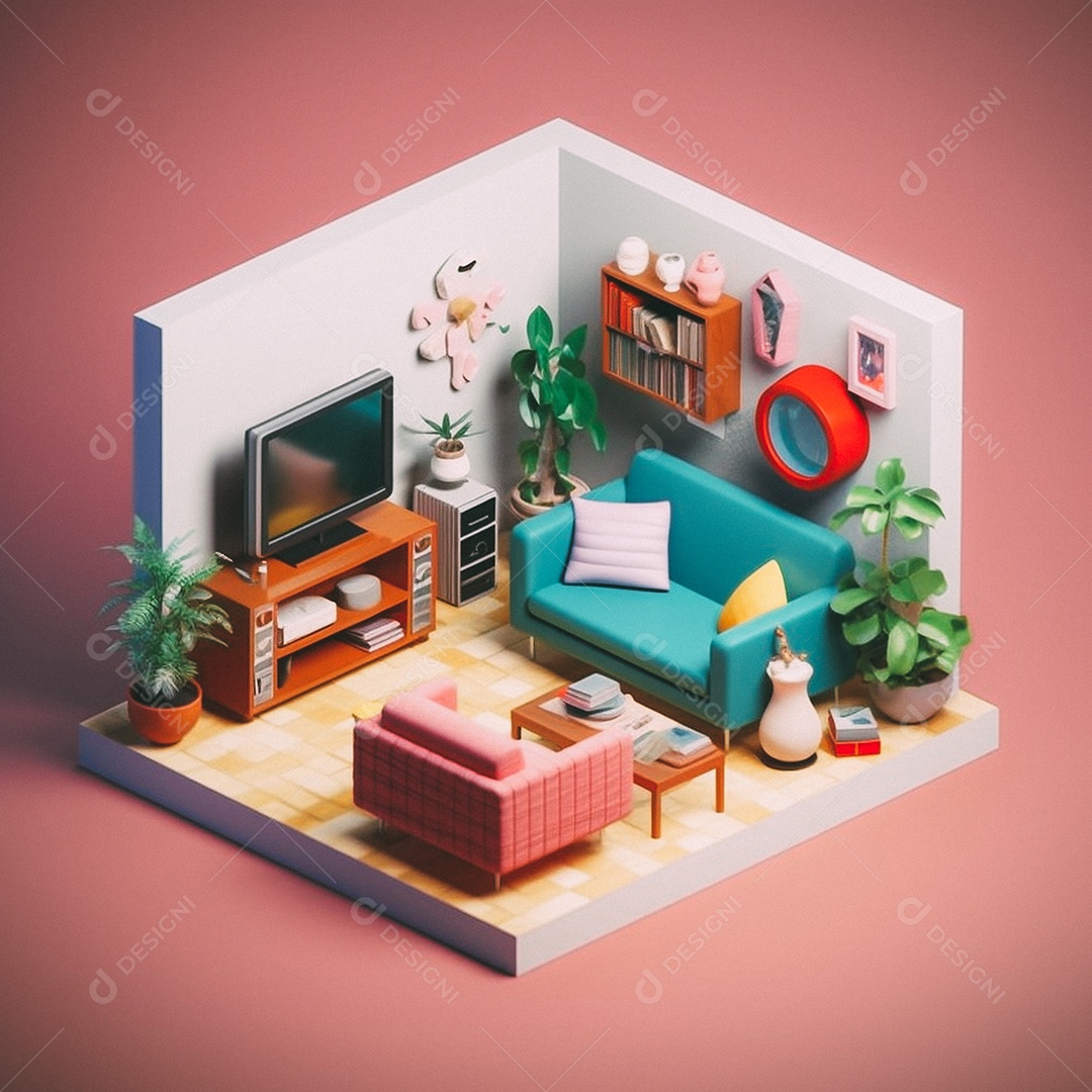 Sala de TV isométrica fofa 3D