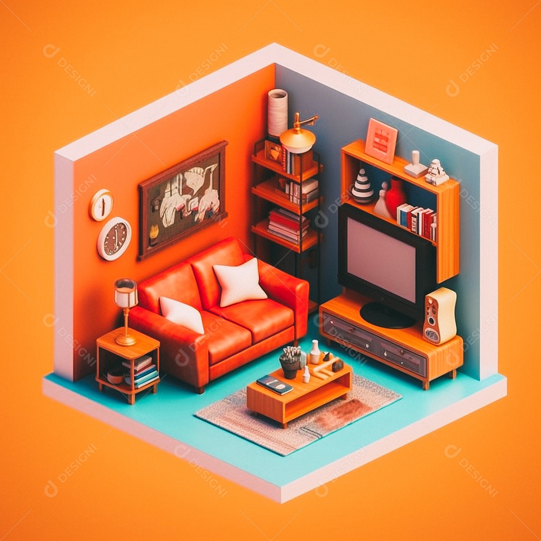 Sala de TV isométrica fofa 3D