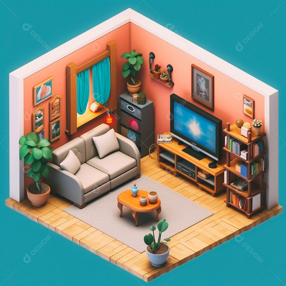 Sala de TV isométrica fofa 3D