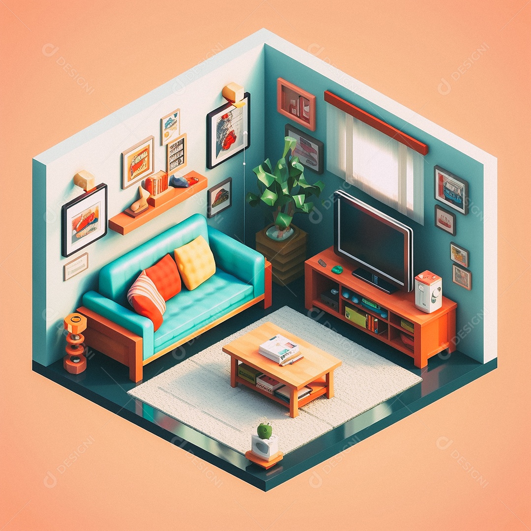 Sala de TV isométrica fofa 3D