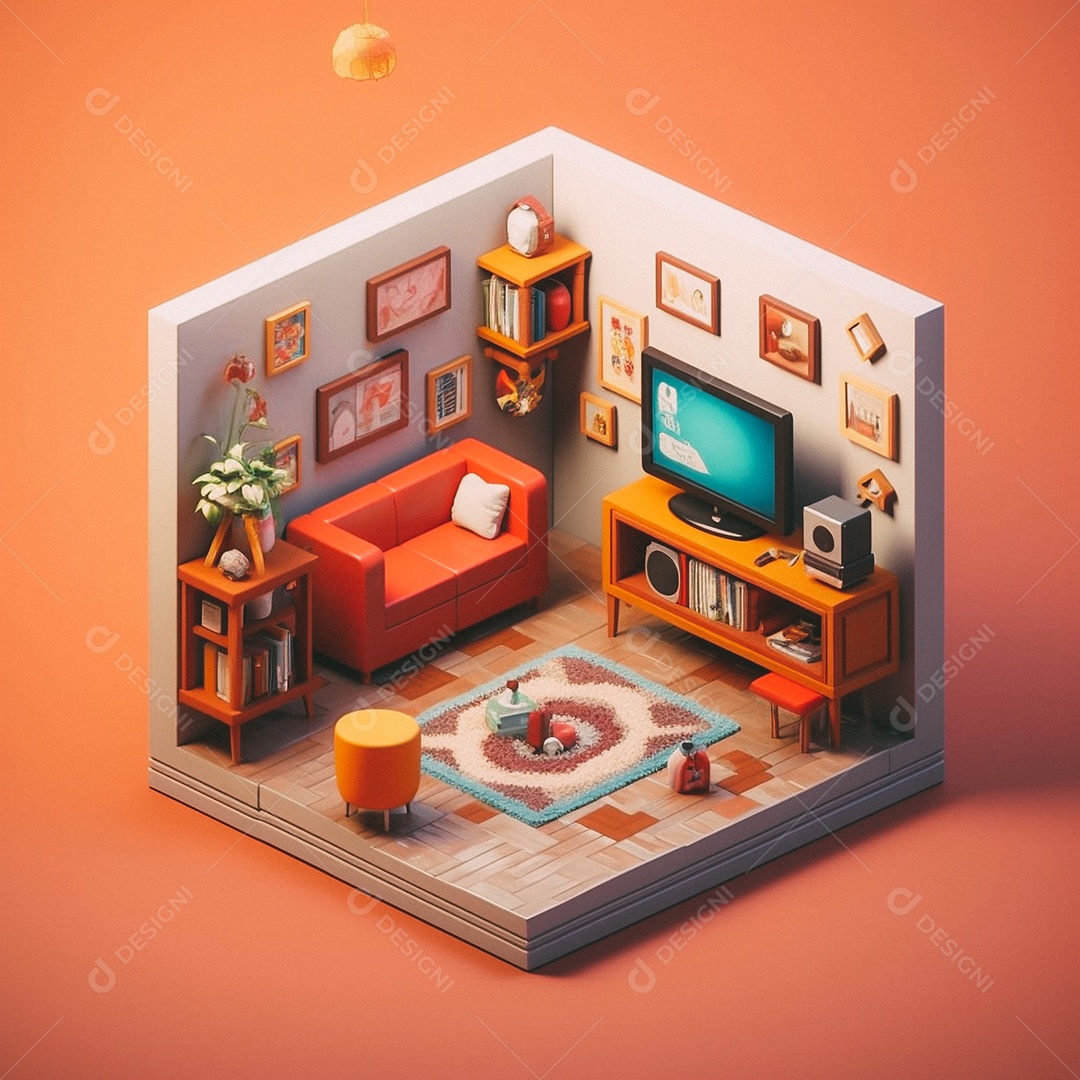 Sala de TV isométrica fofa 3D