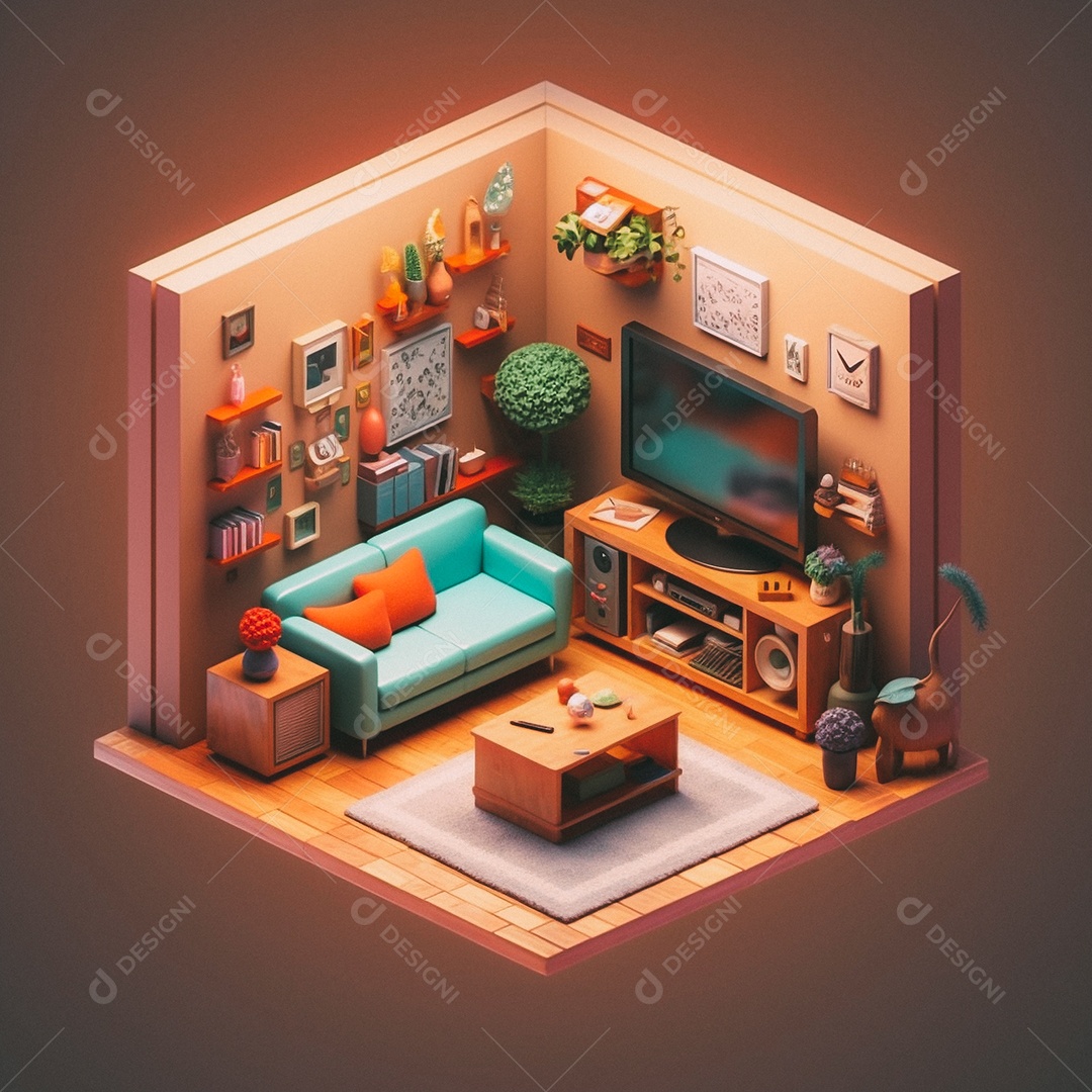 Sala de TV isométrica fofa 3D