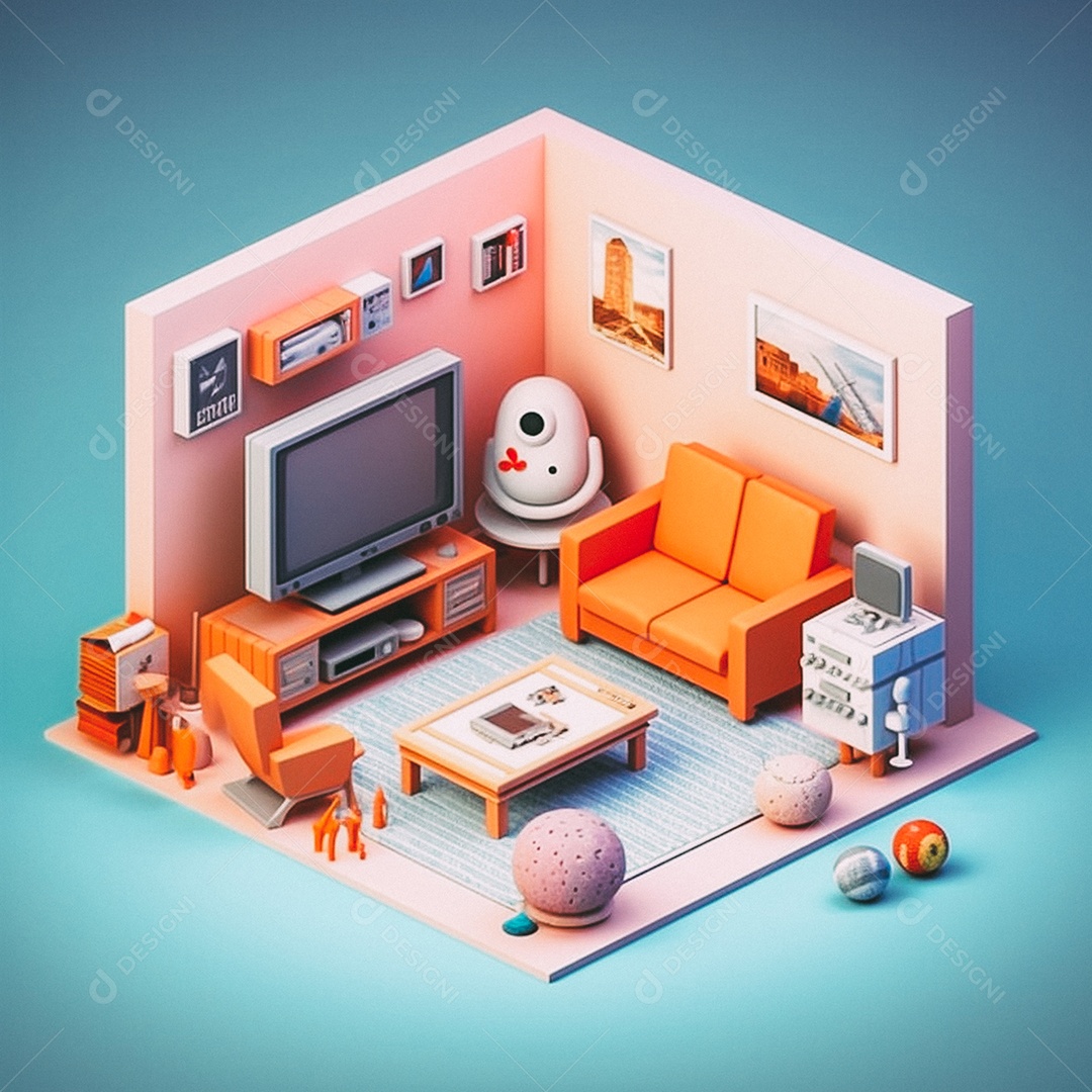 Sala de TV isométrica fofa 3D