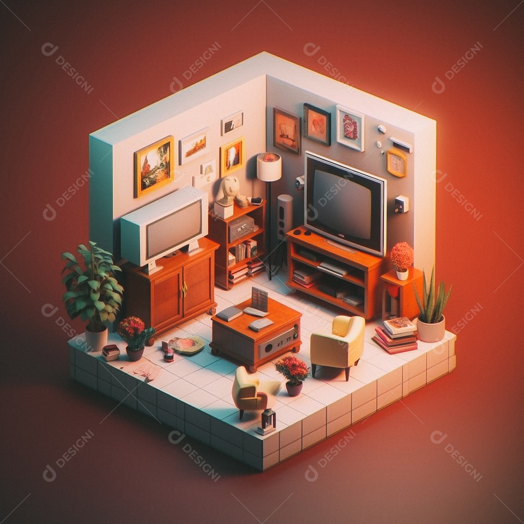 Sala de TV isométrica fofa 3D